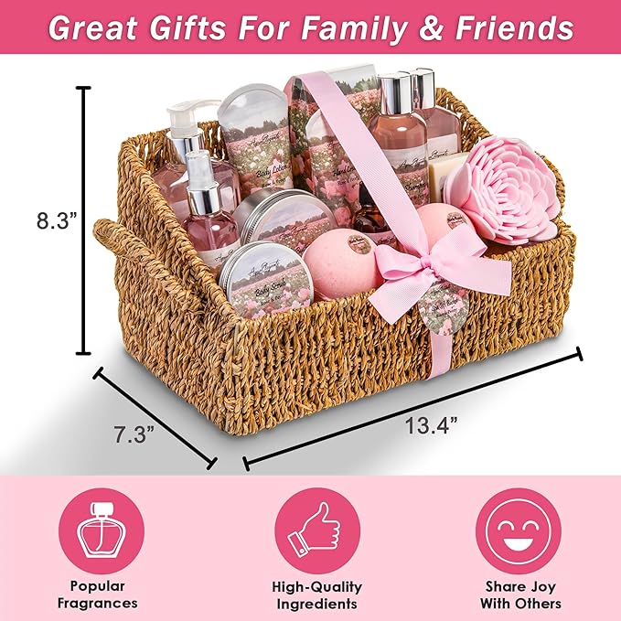 Bath Spa Gift Sets - Luxury Basket With Rose Oil & Peony - Spa Kit Includes Wash, Bubble Bath, Lotion, Bath Salts, Body Scrub, Body Spray, Shower Puff, Bathbombs, Soap and Towel