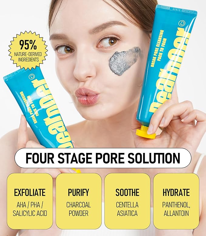 Break Pore Cleansing Pack to Foam โ 3-in-1 Korean Skin Care Wash-Off Mask & Exfoliator & Cleanser w/Charcoal and Salicylic Acid โ AHA, BHA, PHA for Oily, Congested Skin (3.38 fl oz)