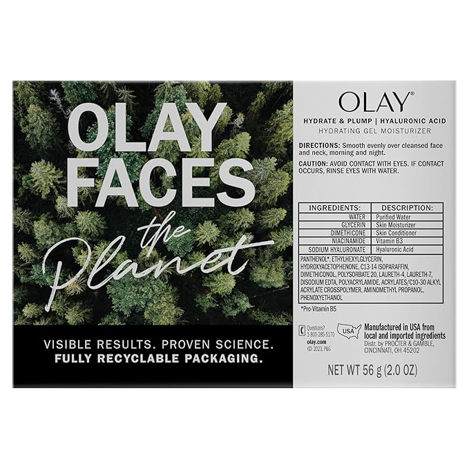Olay Hylauronic Acid Face Mousturizer, Plump & Hydrate, Fragrance-Free - Hydrating Gel for Dry Skin Retain & Replenish Moisture, with Niacinamide - Recyclable Sustainable Eco Jar, Non-Greasy, 2 Oz