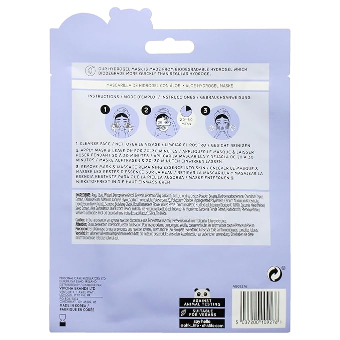 Oh K! Hydrogel Mask - Aloe Vera - Moisturizing Face Mask Sheet - Hydrating Face Sheets - Rich in Aloe Vera and Cactus Water - Korean Skincare - 1 Pc