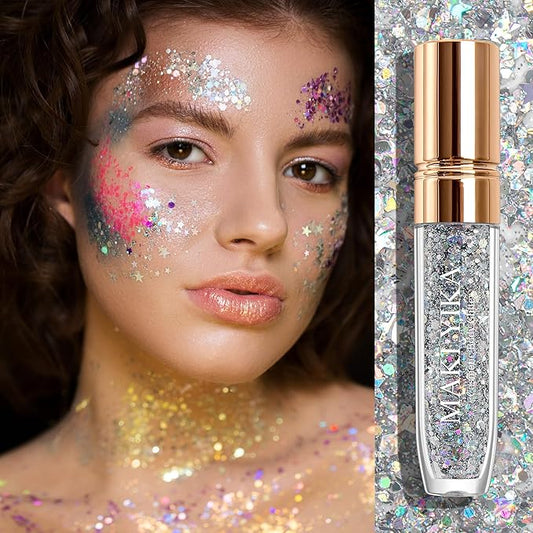 Lip Glitter Lipstick Mermaid Sequins for Lips Eye Hair, Singer Concerts Party Festival Sparkling Chunky Glitter for Women, Silver Lips