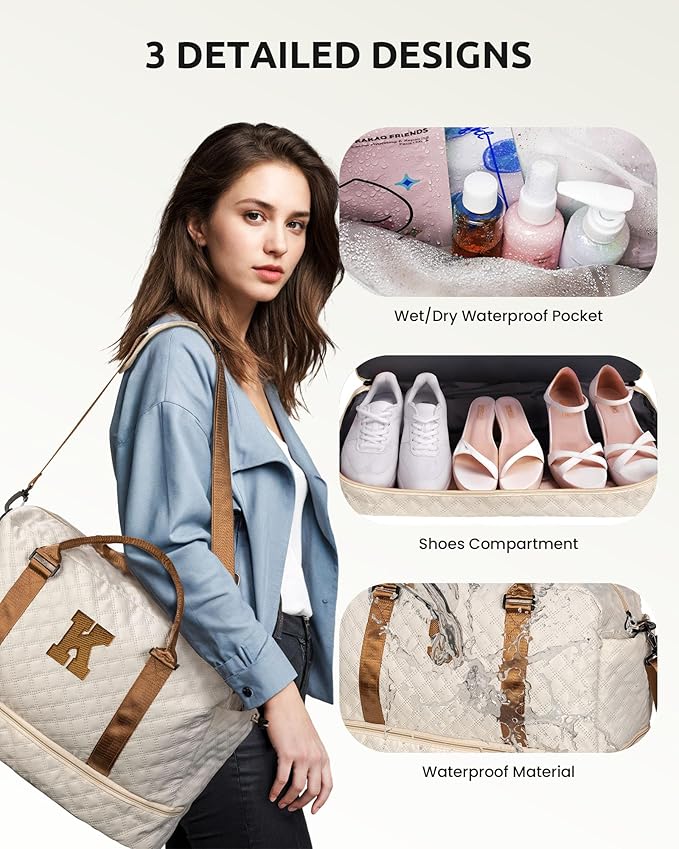 Beach Essentials 11 12 13 14 15 16 17 18 Year Old Girls Gifts-Initial Duffle Bag with Shoe Compartment, Personalized Weekender Bag, Travel Bag with Makeup Bag,Birthday Gift for Her (Letter T)