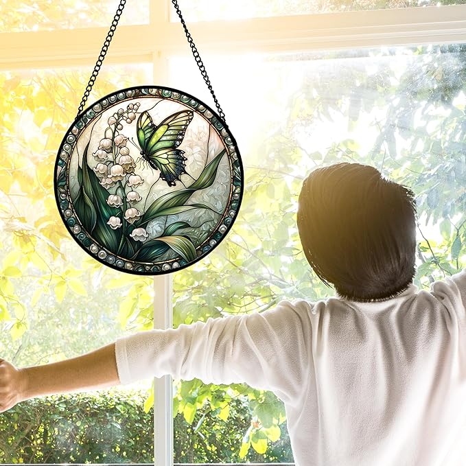 Stained Glass Window Hanging, Lily of The Valley Flower Butterfly Suncatcher for Doors Home Sun Catchers Decoration and Christmas, Mother's Day Birthday Gifts for Women, Men, Mom 11.8x11.8 in