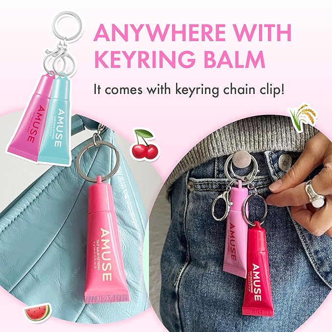 Amuse SEOUL Care Tint Lip Balm Keyring (02 Happy Girl) | Hydrating Lip Balm + Keychain, Rice Extract & Multi-Peptide Complex, Clear Glossy Finish | 0.21 oz