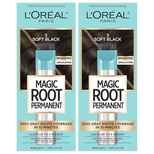 L'Oreal Paris Magic Root Rescue 10 Minute Root Hair Coloring Kit, Permanent Hair Color with Quick Precision Applicator, 100 percent Gray Coverage, 3 Soft Black, 2 count