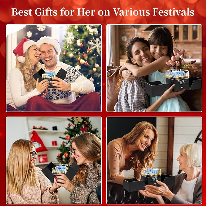 2 Preserved Real Rose with Heart I Love You Necklace- Eternal Rose Birthday Gifts for Women Wife Girlfriend Her Mom on Festivals Gifts Christmas Valentines Mothers Day Anniversary-Sky Blue Roses