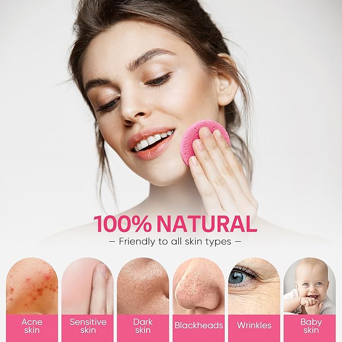 50-Count Compressed Facial Sponges for Daily Facial Cleansing and Exfoliating, 100% Natural Cosmetic Spa Sponges for Makeup Remover, Reusable, Pink