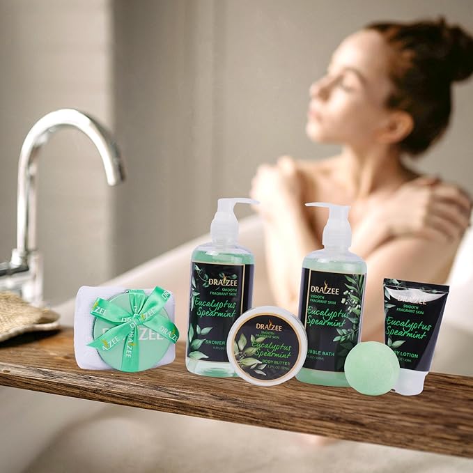 Draizee Luxury Spa Gifts for Women – 8 Pc Eucalyptus Spearmint Bath & Body Set with Bubble Bath, Lotion, Body Butter & More – Self Care Gift Basket for Wife, Mom, Girlfriend