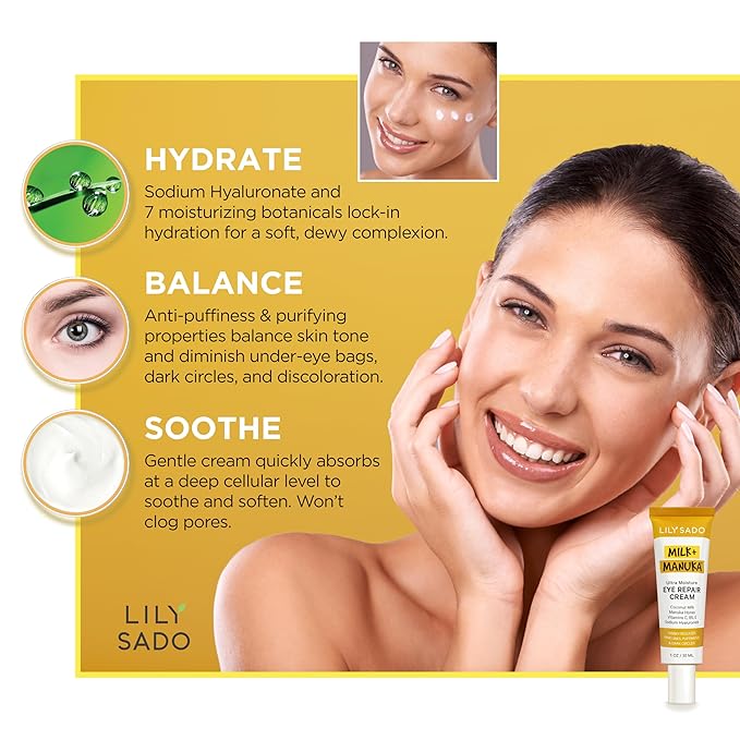 LILY SADO MILK+MANUKAโข Eye Repair Cream - Anti-Aging Natural Gentle Formula w/Coconut Milk, Manuka Honey, Sodium Hyaluronate & VITS C, B5 & E - Prevents Puffiness, Under-eye Wrinkles & Eye Bags - 1oz