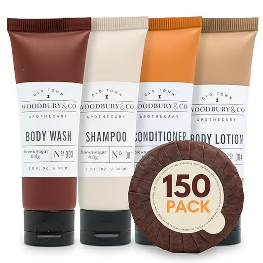 WOODBURY & CO Hotel Shampoo and Conditioner Supplies For Guests,Airbnb Essentials for Hosts,Mini Shampoo And Conditioner Sets,Travel Size Toiletries,Air Bnb Kit For Bathroom Body Wash Lotion,(150 Pcs)