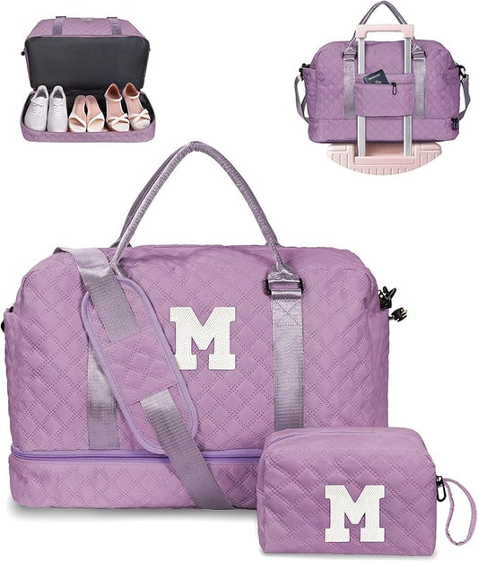 Gifts for Daughter - Personalized Travel Bag with Shoe Compartment, Monogram Overnight Bag for Women, Sister Friend Girlfriend Gifts (Letter M)