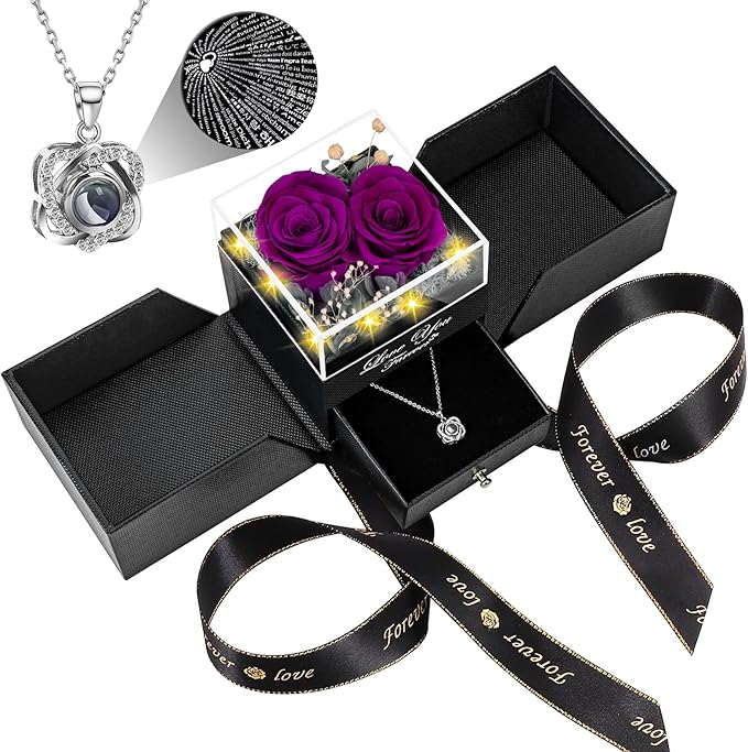 2 Preserved Real Rose with Heart I Love You Necklace- Eternal Rose Birthday Gifts for Women Wife Girlfriend Her Mom Grandma on Festivals Gifts Christmas Valentines Mothers Day Anniversary-Purple Roses