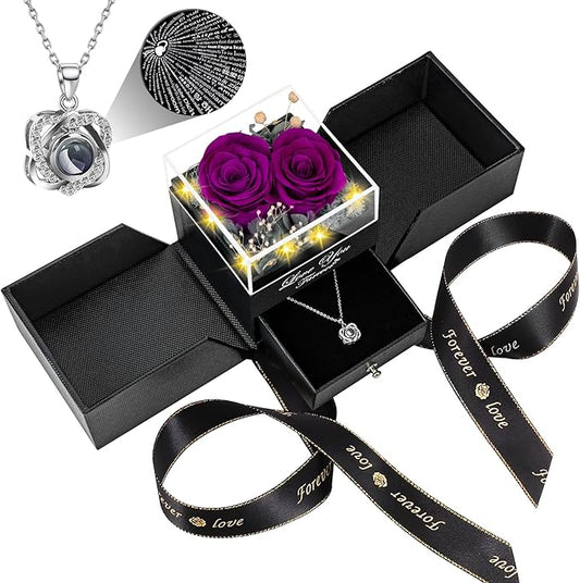 2 Preserved Real Rose with Heart I Love You Necklace- Eternal Rose Birthday Gifts for Women Wife Girlfriend Her Mom Grandma on Festivals Gifts Christmas Valentines Mothers Day Anniversary-Purple Roses