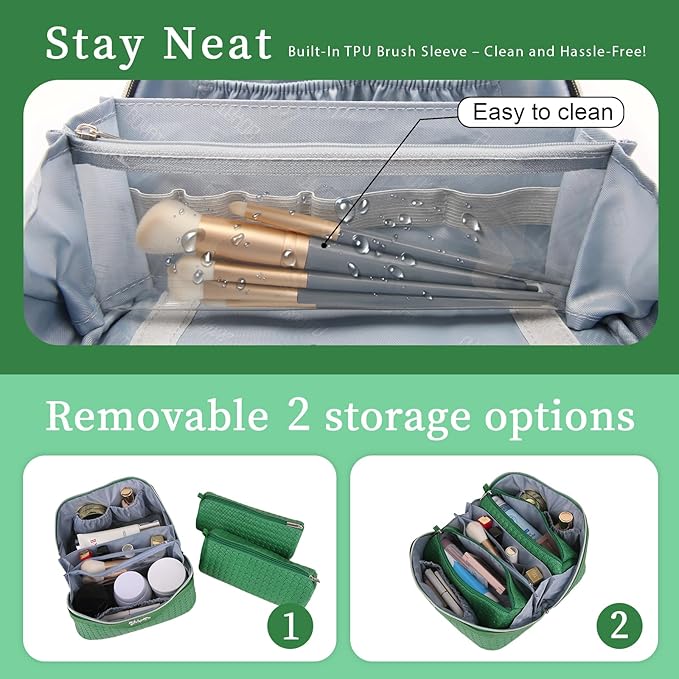 BOYATU Travel Makeup Bags for Women: Large Cosmetic Organizer Bag - Vegan Leather Make up Bag Set of 3 - Protable Toiletry Bags with Compartments (L19 Green)