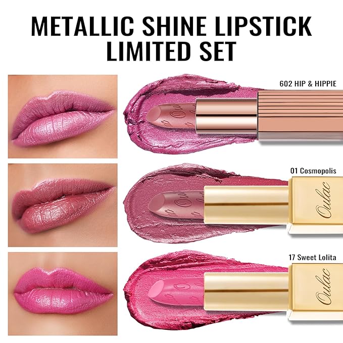 Oulac Metallic Pink Lipstick Set 3PCS, Comfortable Creamy Texture, Smooth No Grainy Feeling, Vegan & Gluten Free, Full-Coverage Lip Makeup, 3 X 4.3 g, 602+01+17