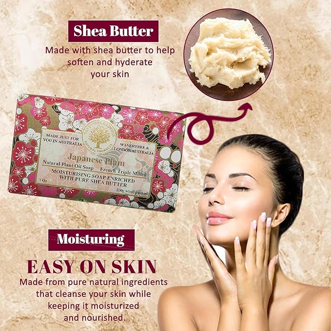 Wavertree & London Japanese Plum Scented Natural Soap (2 Bars), 7oz Moisturizing French Triple Milled Soap Bars enriched with shea butter - Pure Plant Based Bath & Body Bars for All Skin Types