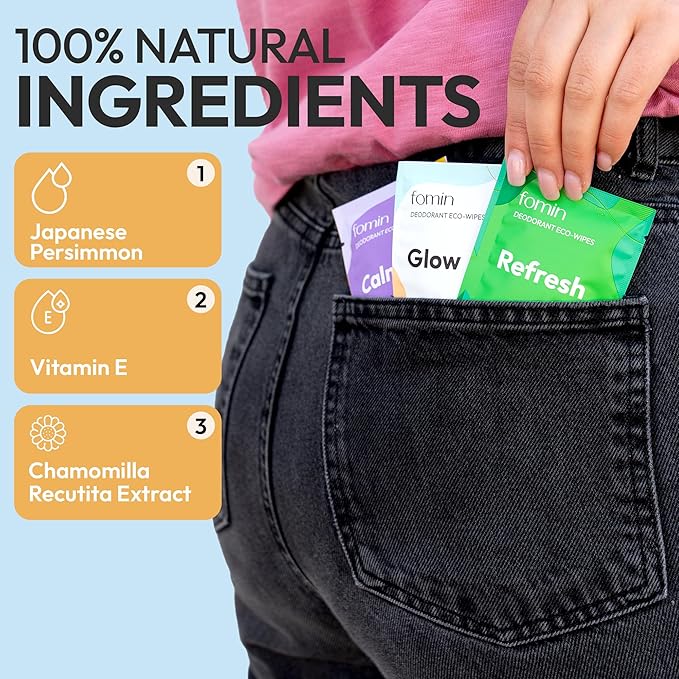 FOMIN Travel Deodorant Wipes - 50 Count - Glowing Coconut and Vanilla - pH Balanced, Hypoallergenic Mini Deodorant Wipes For Women and Men - Plastic-Free, Individually Wrapped Underarm & Body Wipes