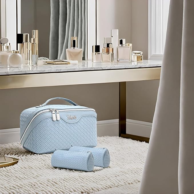 BOYATU Travel Makeup Bags for Women: Large Makeup Organizer - PU Leather Make up Bag Set of 3 - Portable Toiletry Bag with Compartments & Handle & Divider (L04 Light Blue)