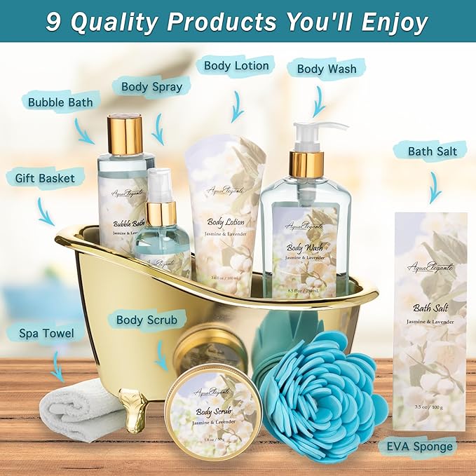 Spa Gift Baskets For Women - Luxury Bath Set With Jasmine & Lavender - Spa Kit Includes Body Wash, Bubble Bath, Lotion, Bath Salts, Body Scrub, Body Spray, Shower Puff, and Towel
