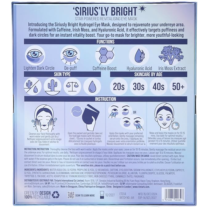 SIRIUS'LY BRIGHT Under Eye Patches 28 Pairs, Reduce Dark Circles Puffiness Bags, Rejuvenate Eye Mask, Eye Gel Pads with Caffeine Boost, Hyaluronic acid, Iris Moss Extract, Gifts for Women and Men