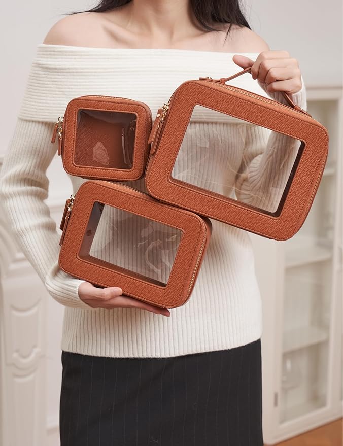 Popvibe Clear Makeup Bag Travel Cosmetic Case Transparent Toiletry Bag with Zipper, Portable Make Up Organizer Traveling Compact Car Bag for Essentials