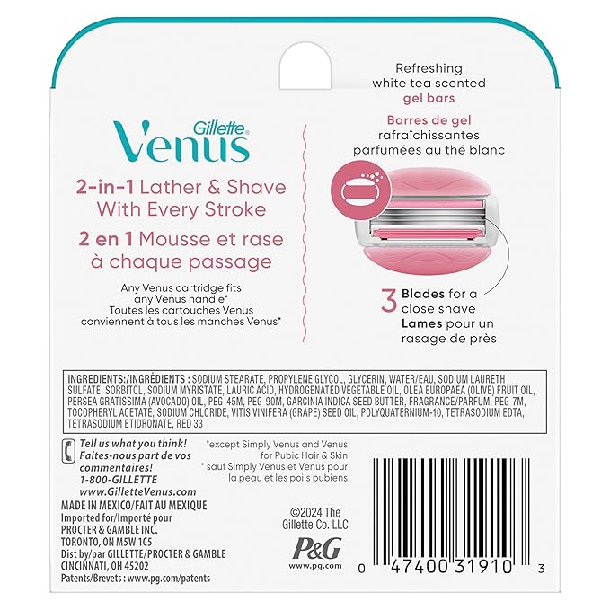 Gillette Venus ComfortGlide White Tea Women's Razor Blades, 3-Blade Razor Refills, 6 Count