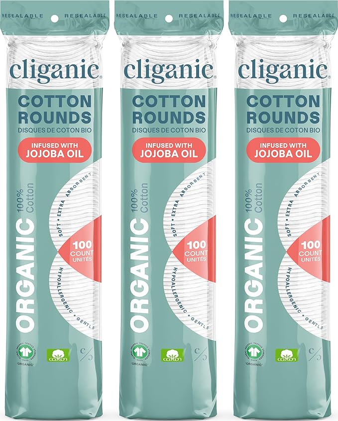 Cliganic Organic Cotton Rounds - Jojoba Oil Infused (300 Count) - Makeup Remover Pads, Hypoallergenic, Lint-Free | 100% Pure Cotton