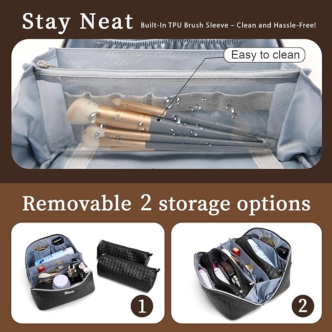 BOYATU Travel Makeup Bags for Women: 3 Pcs Large Make up Bags Set - Vegan Leather Cosmetic Bag for Traveling - Waterproof Toiletry Organizer (L03 Black)