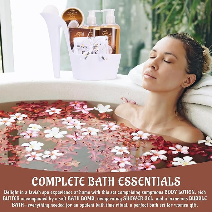 Draizee Luxury Spa Gifts for Women – 8 Pc Coconut Bath & Body Set with Bubble Bath, Lotion, Body Butter & More – Self Care Gift Basket for Wife, Mom, Girlfriend