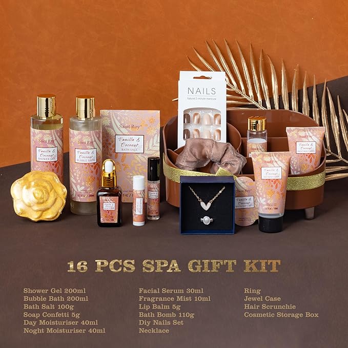 Luxury Gifts for Women, 16 Pcs Spa Gifts for Women of Coconut & Vanilla Scents Skin Care Kit, Facial Kit with Face Day Cream, Night Cream, Skincare Set, Skin Care Set Wrap in Makeup Storage Box