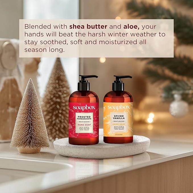 Soapbox Winter Hand Soaps, Spiced Vanilla & Frosted Pomegranate Liquid Hand Soap, Moisturizing Soap, Shea Butter & Aloe, Pack of 4, 12oz