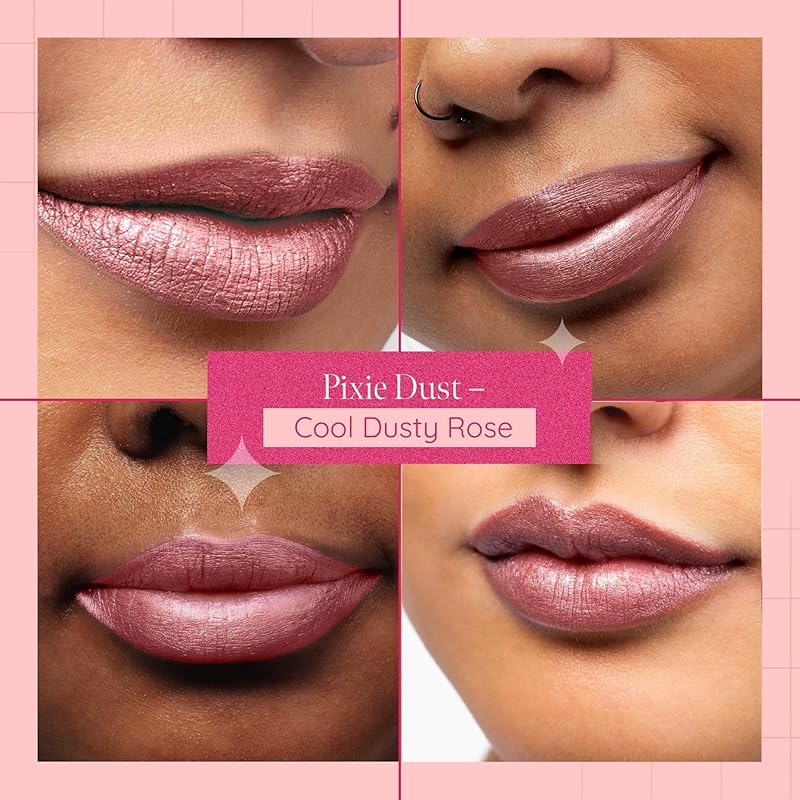 Aromi Dusty Rose Metallic Liquid Lipstick, Rosy Pink Nude Lip Color, Shimmery Finish, Waterproof, Long Lasting, Vegan, Cruelty-Free, Handmade (Pixie Dust)