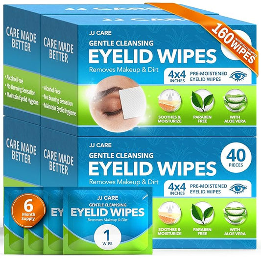 JJ CARE Eyelid Cleaning Wipes 160 PCs, Individually Wrapped Eye Lid Scrubbing Wipes, Moisturizing Eye Wipes for Irritated, Itchy, and Dry Eyes, Hypoallergenic Eye Scrub Cleaning Pads