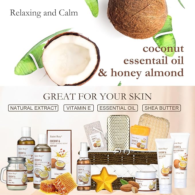 Spa Gift Basket Luxury Bath and Body Basket Set 17-Piece Coconut Honey Almond for Women for Mom for Her Pampering Large Luxury Home Spa Kit, Relaxing Self Care Pamper Gifts Birthday Bridal Shower Bath