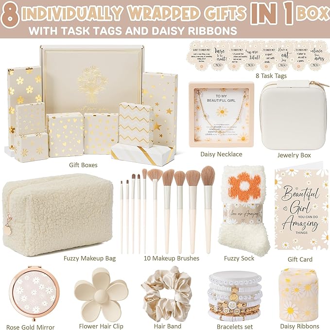 Birthday Gifts for Tween Teen Girls - 8 PCS Gifts Basket Teen Girl Gifts Trendy Stuff Girls Fun Empower Gift Box w/Task Tags Make up Brushes Makeup Bag, Graduation Gifts Idea for Her Niece Daughter