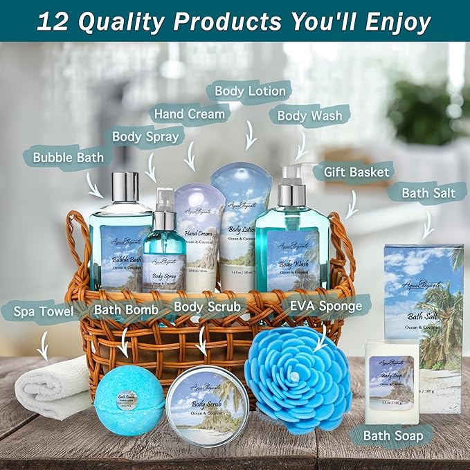 Spa Baskets For Women - Luxury Bath Set With Ocean & Coconut - Spa Kit Includes Wash, Bubble Bath, Lotion, Bath Salts, Body Scrub, Body Spray, Shower Puff, Bathbombs, Soap and Towel