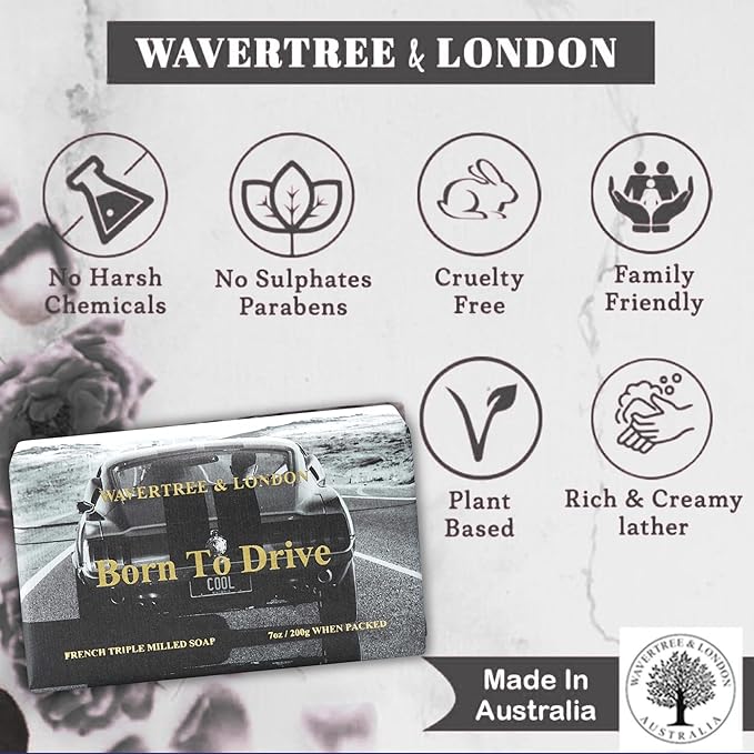 Wavertree & London Born To Drive Scented Natural Soap Bars (2 Bars), 7oz Moisturizing French Triple Milled Soap Bars enriched with shea butter - Pure Plant Oil Bath & Body Bars for All Skin Types
