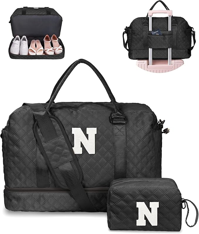 Gifts for Her-Duffle Bag with Shoe Compartment, Personalized Weekender Bag, Monogram Overnight Bag, Letter Travel Bag with Makeup Bag,Sister Friend Girlfriend Gifts (Letter N)