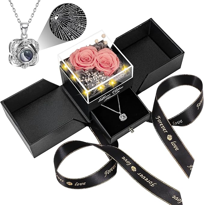 2 Preserved Real Rose with Heart I Love You Necklace- Eternal Rose Birthday Gifts for Women Wife Girlfriend Her Mom on Festivals Gifts Christmas Valentines Mothers Day Anniversary-Peach Pink Roses