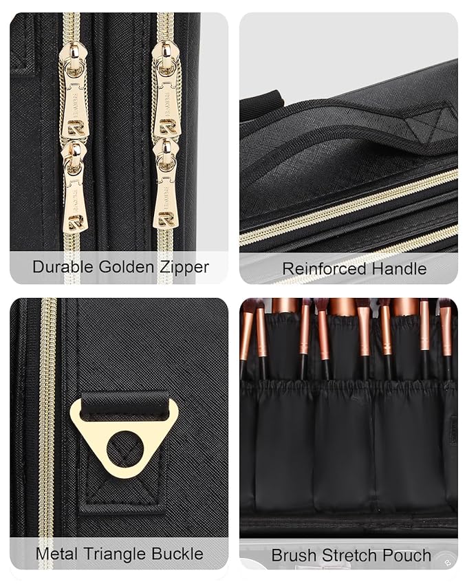 MONSTINA Large Makeup Travel Case Bag,Professional Makeup Artist Train Case with Brush organizer,Large Capacity Cosmetic Bag with Zipper Pocket and Adjustable Compartment(PU Leather Black)