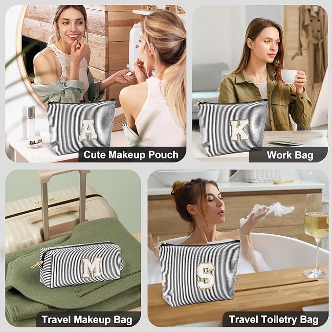 YOOLIFE Initial Makeup Bag for Women - Teen Girl Gifts Trendy Stuff Monogram Cute Makeup Bags Make Up Case for Women Her Best Friend Friendship Sister Teacher Birthday Gifts for Women Mom Black L