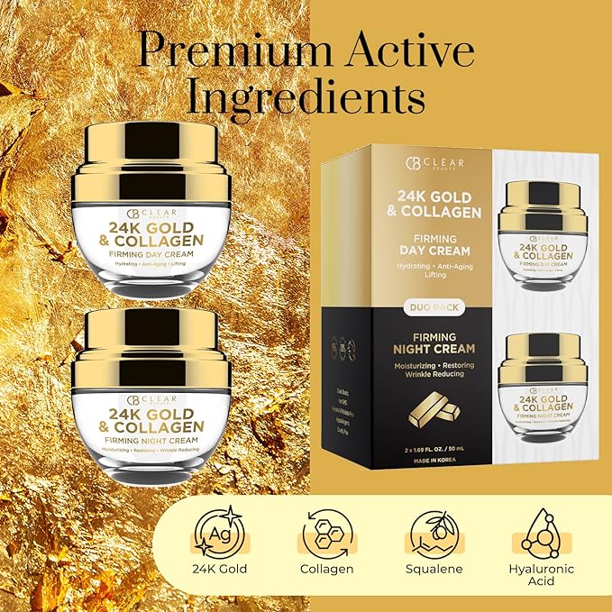 Clear Beauty 24K Gold & Collagen Day/Night Moisturizer Set - Dermatologist Tested, Hydrating, Anti-Aging Cream, Natural Ingredients, Cruelty Free Korean Skin Care, All Skin Types - Value Pack