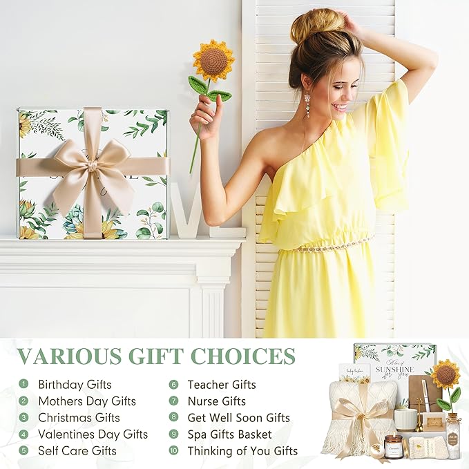 Gifts for Women, Best Friend Birthday Gifts, Get Well Soon Self Care Package Box, Sending Sunshine Sunflower Basket, Thinking of You Inspirational Gifts for Mom Her Sister Wife