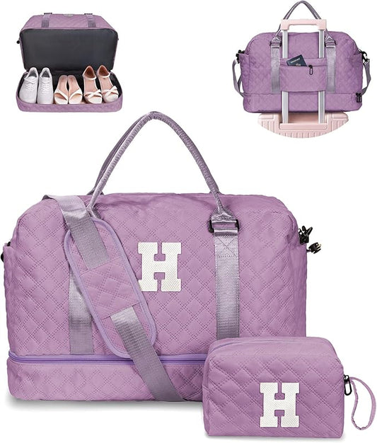 Gifts for Teen Girl-Initial Duffle Bag with Shoe Compartment, Personalized Weekender Bag, Monogram Overnight Bag, Travel Bag with Makeup Bag,Birthday Gift Birthday Gifts for Sister (Letter H)
