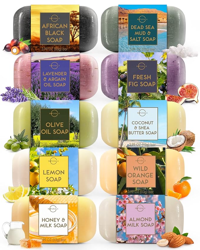 O NATURALS 100% Natural Bar Soap - Gift Set - Organic Ingredients & Essential Oils - Spa Gifts for Women & Men, Body Wash & Face Soap - 10PC Natural Soap Gift Set