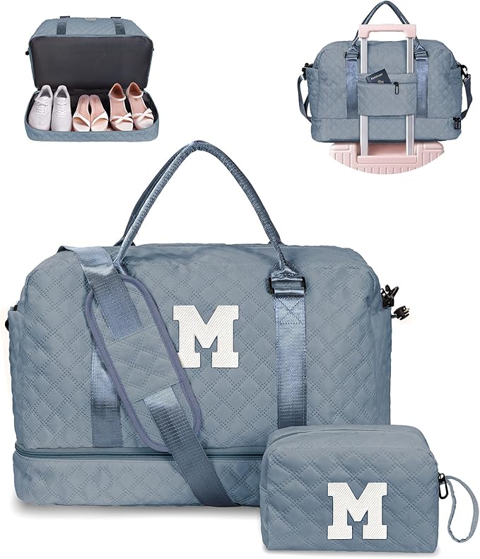 Personalized Weekender Bag for Women With Shoe Compartment, Monogram Overnight Travel Bag, Makeup Bag Included - Gifts for Daughter, Sister, Friend, Girlfriend (Letter M)