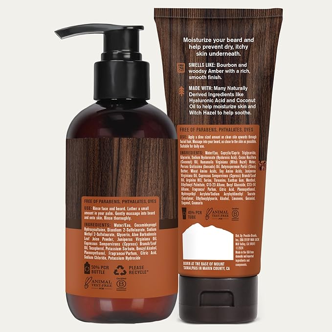 Every Man Jack Men's Beard + Face Wash & Lotion Set - Subtle Aged Bourbon Scent - Naturally Cleanse and Condition Your Beard & Skin