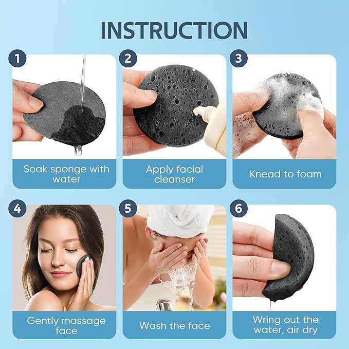 50-Count Black Compressed Facial Sponges for Daily Facial Cleansing and Exfoliating, 100% Natural Cosmetic Spa Sponges for Makeup Remover, Reusable