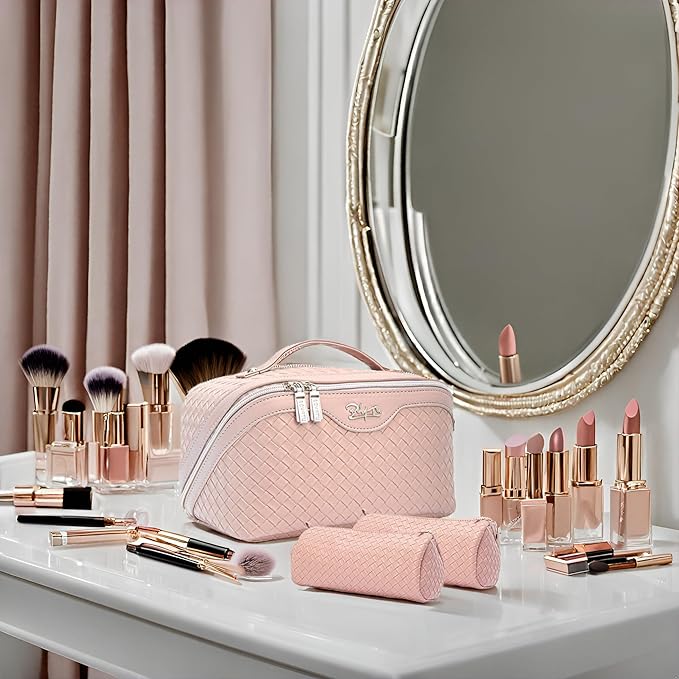 BOYATU Travel Makeup Bags for Women: Large Cosmetic Bag Waterproof - Vegan Leather Make up Bag Set of 3 - Compact Toiletry Organizer with Compartments & Handle & Divider (L02 Light Pink)