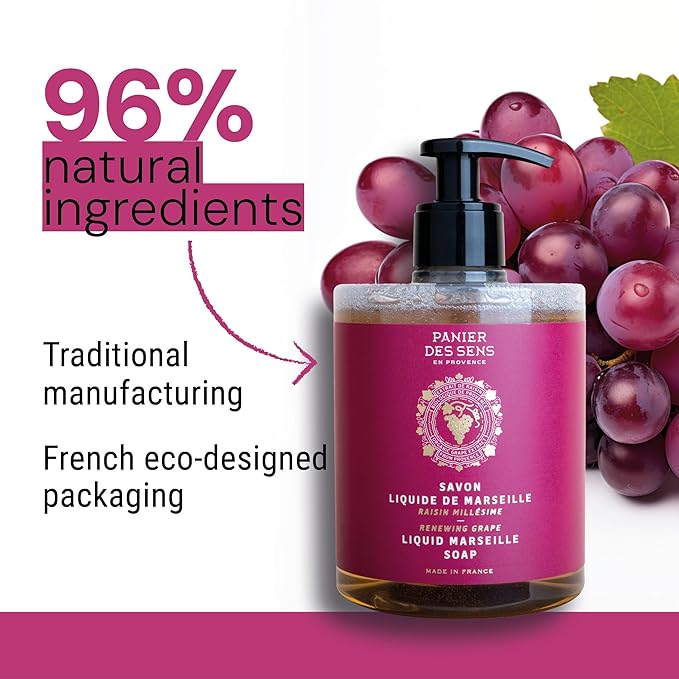 Panier des Sens - Moisturizing Hand Soap - Grape Fragrance - French Traditional Savon de Marseille Soap with Coconut Oil - Refillable Kitchen & Bathroom Soap - 16.9 Fl.oz Liquid Hand Wash 97% Natural
